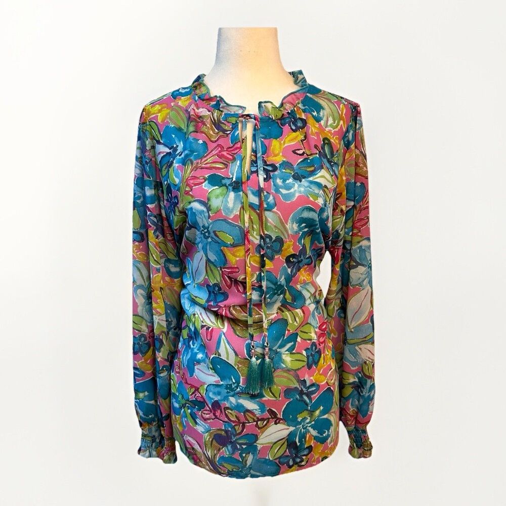 Belle Kim Gravel Women's Floral Pullover Festive Resort Beach Blouse Size S